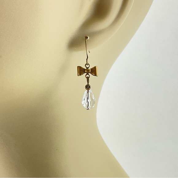 Crystal Teardrop & Bow Earrings, Handmade, Art Nouveau Style, Antique Brass - Picture 3 of 6